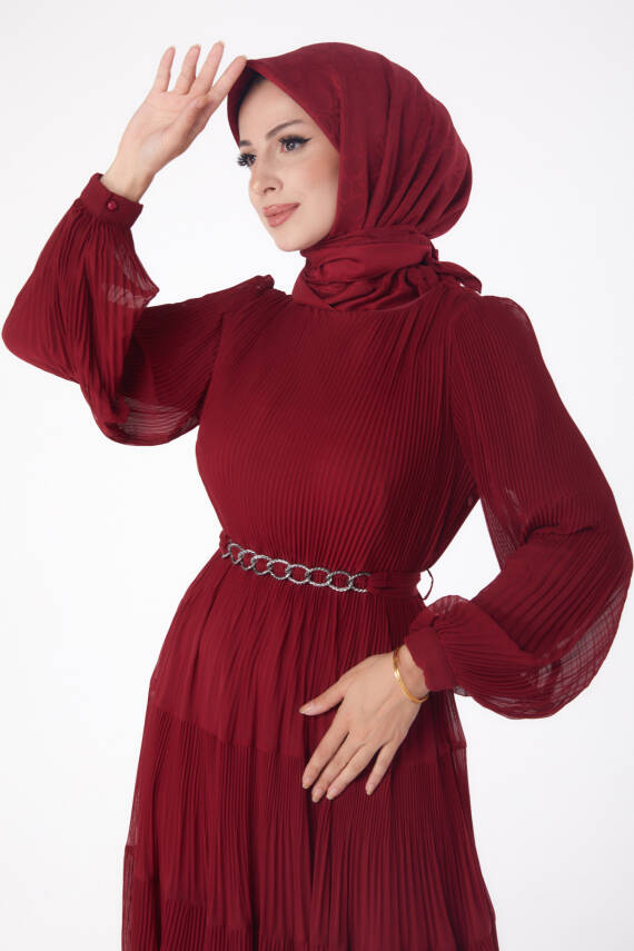 Pliseli Abiye Elbise Bordo - 26198 - 3