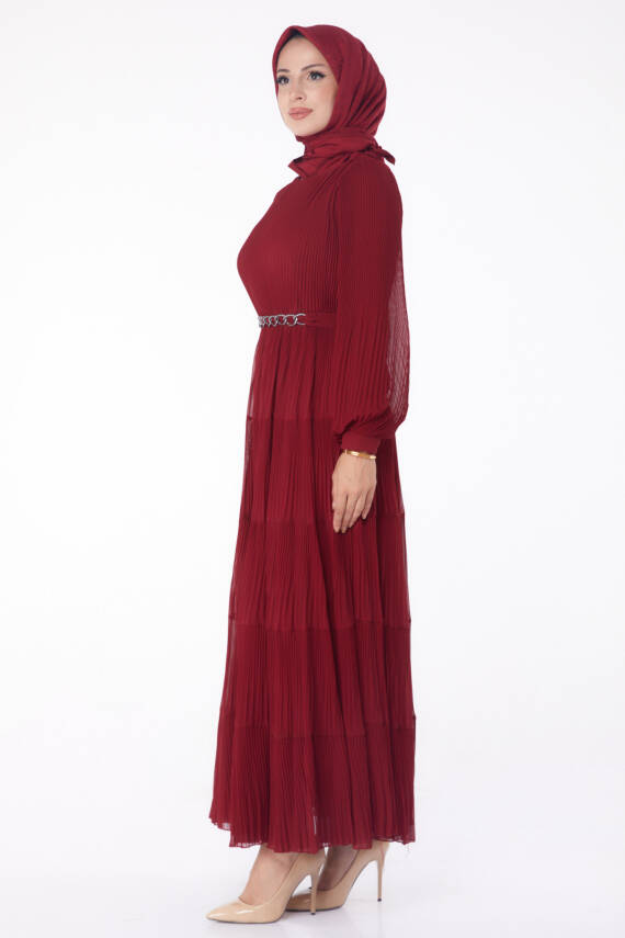 Pliseli Abiye Elbise Bordo - 26198 - 4