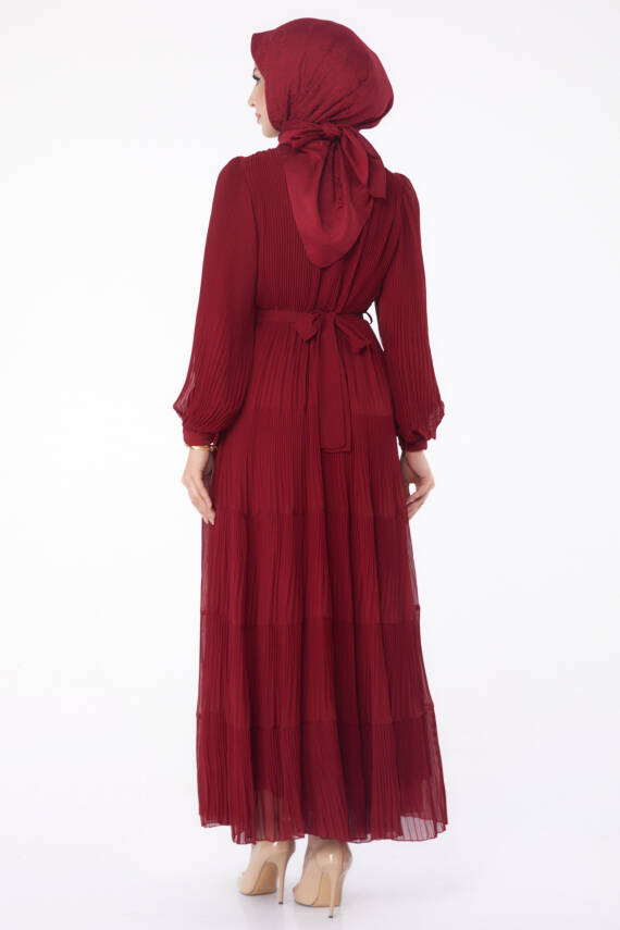 Pliseli Abiye Elbise Bordo - 26198 - 5
