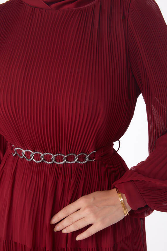 Pliseli Abiye Elbise Bordo - 26198 - 6