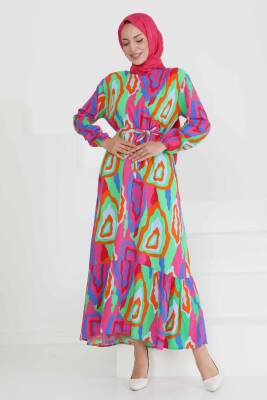 Renkli Desenli Elbise Yesil - 27471 - 1