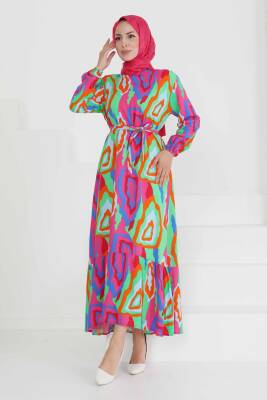Renkli Desenli Elbise Yesil - 27471 - 2