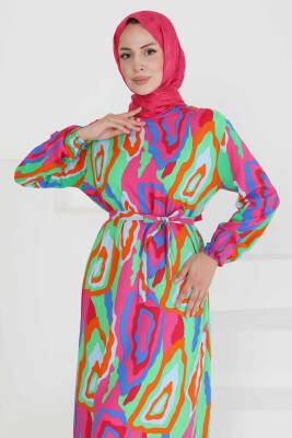 Renkli Desenli Elbise Yesil - 27471 - 4
