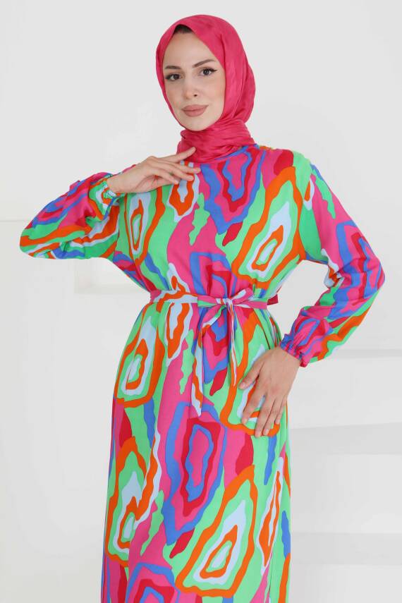 Renkli Desenli Elbise Yesil - 27471 - 4
