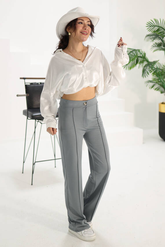 Şerit Detaylı Spor Pantolon Gri - 27084 - 3