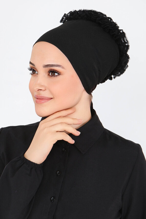 Silikonlu Esnek Penye Fırfırlı Bone Siyah - 27716-SIYAH - 1