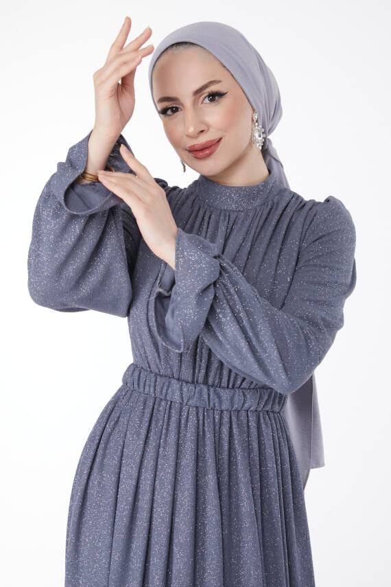 Simli Kemerli Abiye Elbise Gri - 25058 - 3