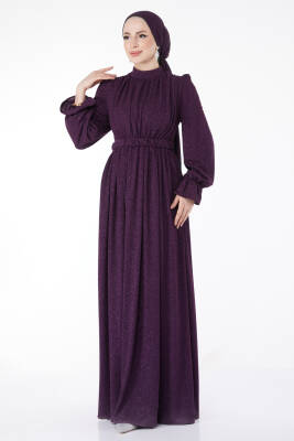 Simli Kemerli Abiye Elbise Mor - 25058 