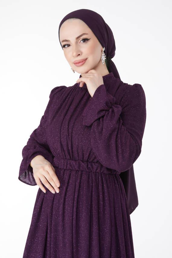 Simli Kemerli Abiye Elbise Mor - 25058 - 3