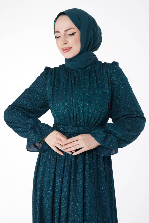 Simli Kemerli Abiye Elbise Zümrüt - 25058 - 2