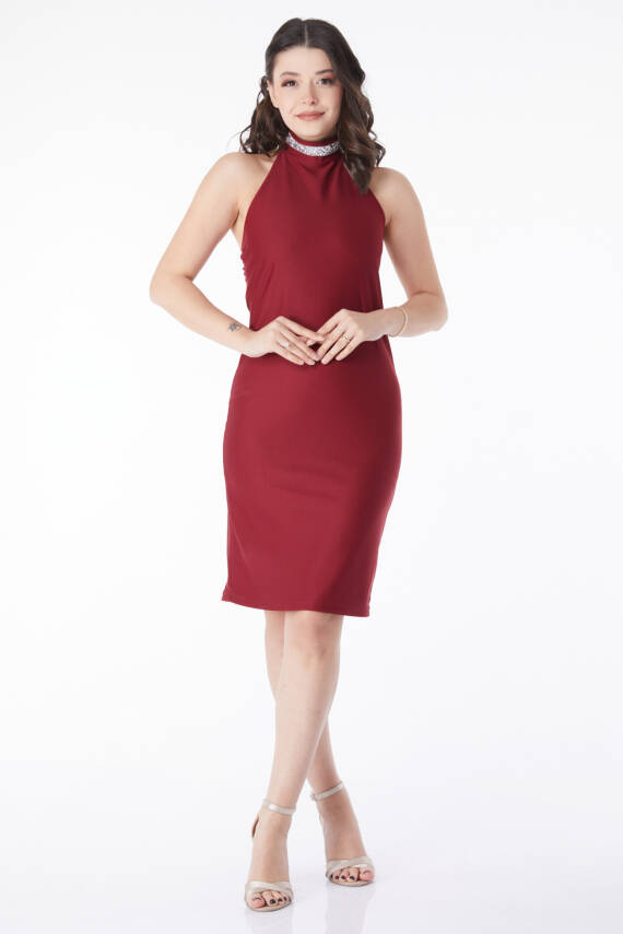 Taş Detaylı Abiye Elbise Bordo - 13173 - 2