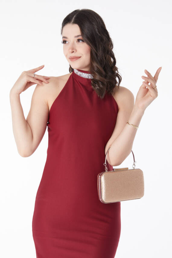 Taş Detaylı Abiye Elbise Bordo - 13173 - 3