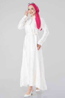 Taş Detaylı Abiye Elbise Ekru - 25191 - 2