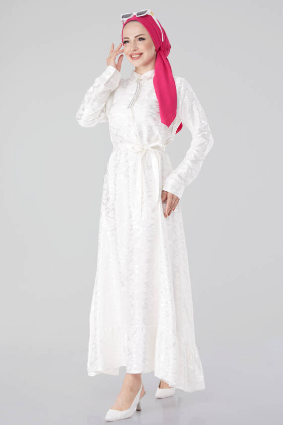 Taş Detaylı Abiye Elbise Ekru - 25191 - 2