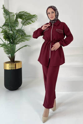 Taş Detaylı İkili Takım Bordo - 27007 - 1