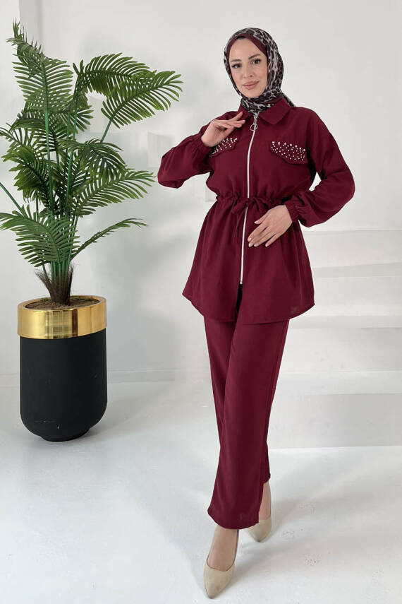 Taş Detaylı İkili Takım Bordo - 27007 - 1