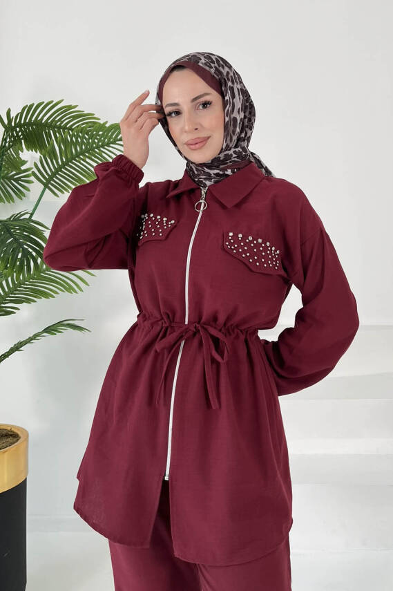 Taş Detaylı İkili Takım Bordo - 27007 - 2
