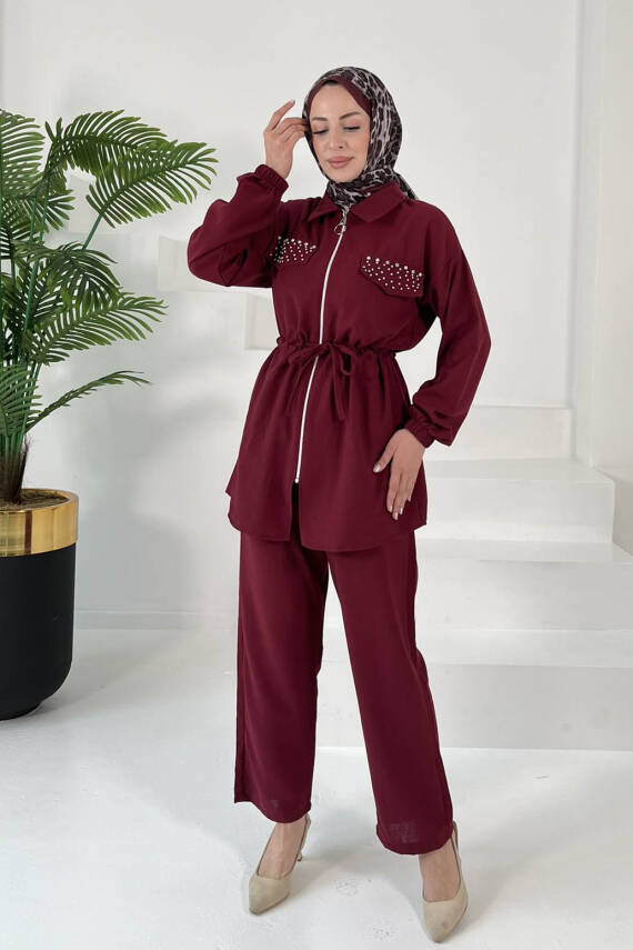 Taş Detaylı İkili Takım Bordo - 27007 - 3