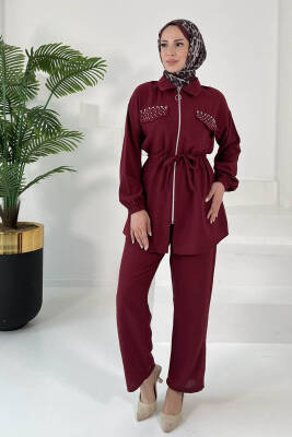 Taş Detaylı İkili Takım Bordo - 27007 - 5