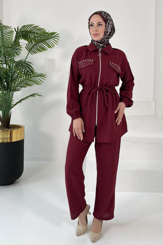 Taş Detaylı İkili Takım Bordo - 27007 - 5