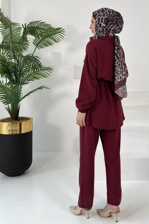Taş Detaylı İkili Takım Bordo - 27007 - 6