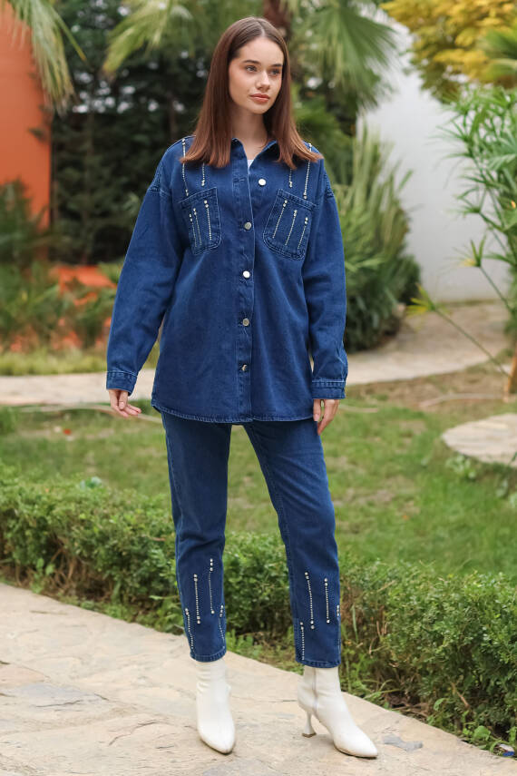 Taş Detaylı İkili Takım Mavi - 25364 - 6