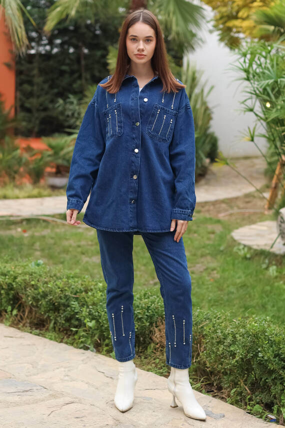 Taş Detaylı İkili Takım Mavi - 25364 - 16
