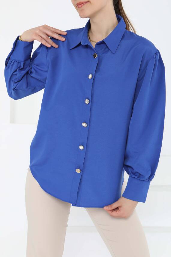 Taş Düğmeli Gömlek Saks - 27245 - 1
