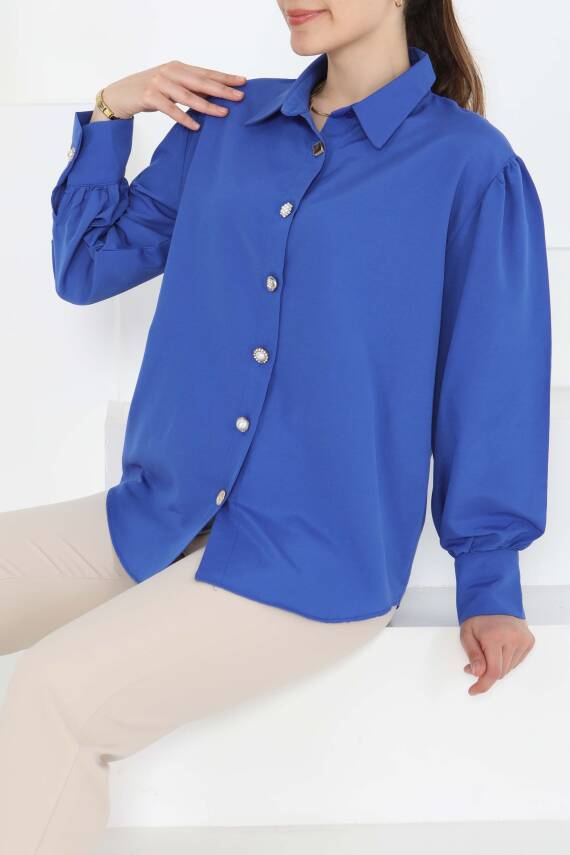Taş Düğmeli Gömlek Saks - 27245 - 2