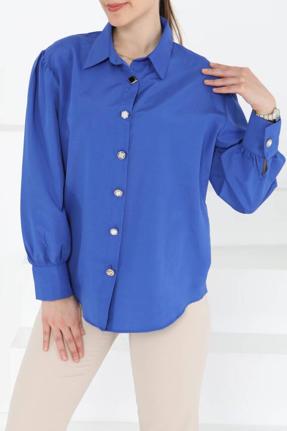 Taş Düğmeli Gömlek Saks - 27245 - 3
