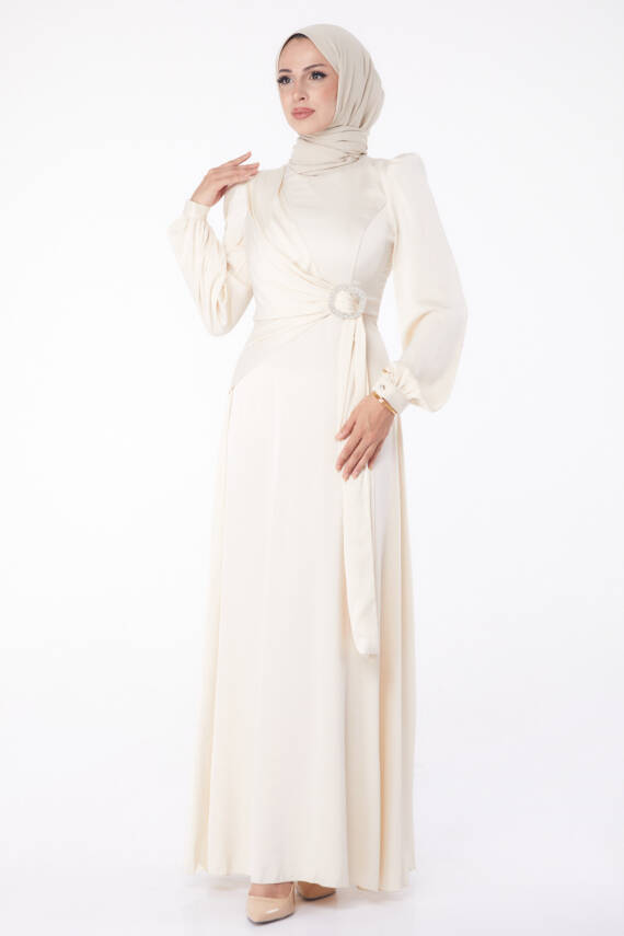 Taşlı Abiye Elbise Bej - 26193 - 1