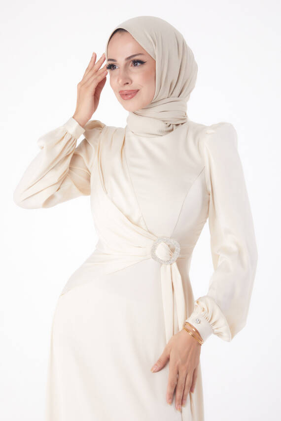 Taşlı Abiye Elbise Bej - 26193 - 2
