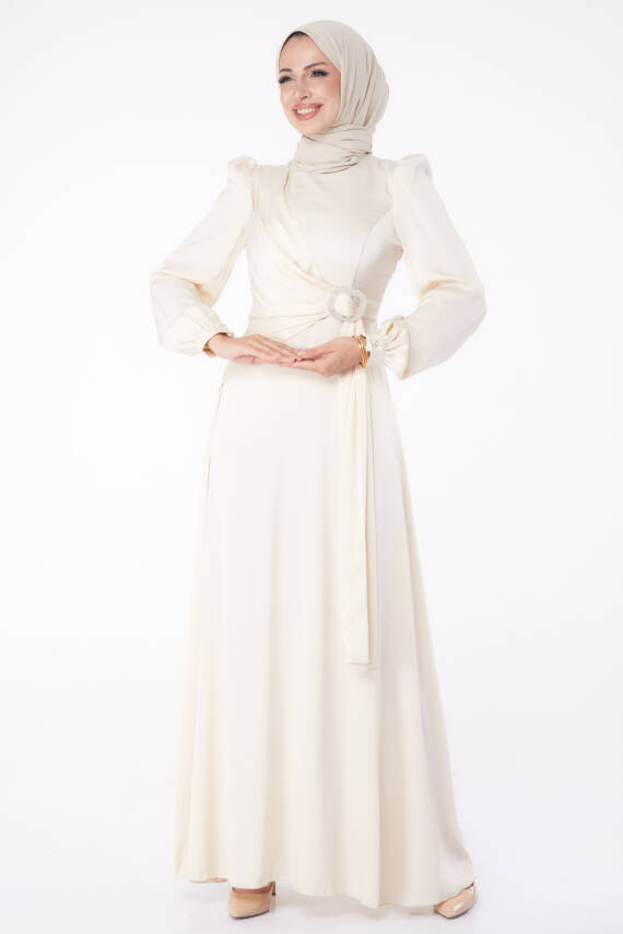 Taşlı Abiye Elbise Bej - 26193 - 3