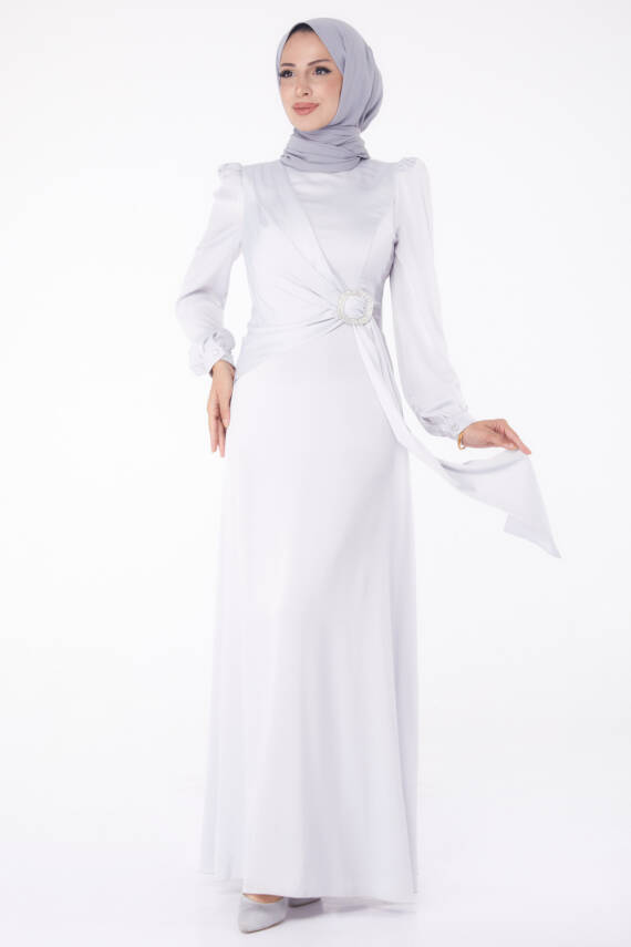 Taşlı Abiye Elbise Gri - 26193 - 1
