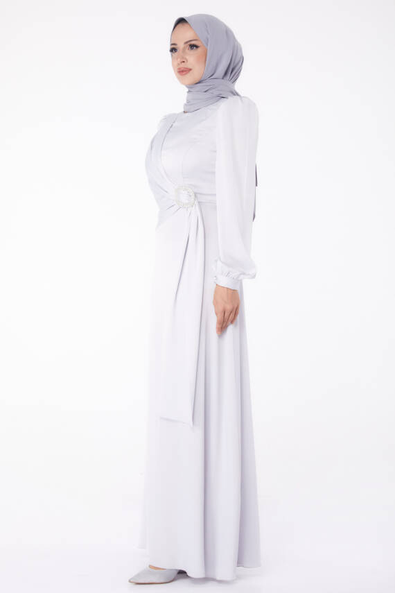 Taşlı Abiye Elbise Gri - 26193 - 4