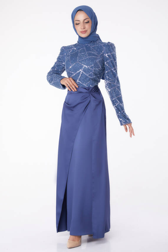 Taşlı Abiye Elbise Indigo - 26196 - 1