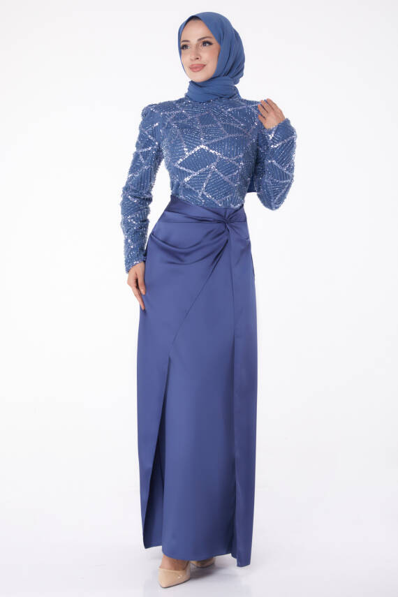 Taşlı Abiye Elbise Indigo - 26196 - 2