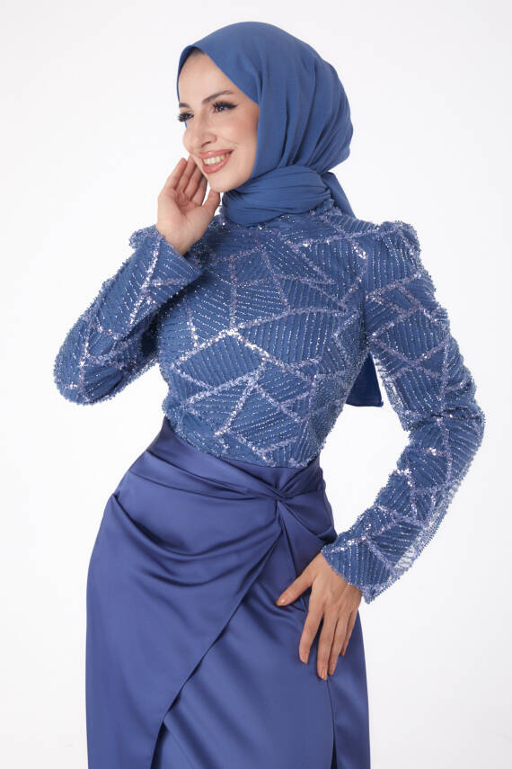 Taşlı Abiye Elbise Indigo - 26196 - 3