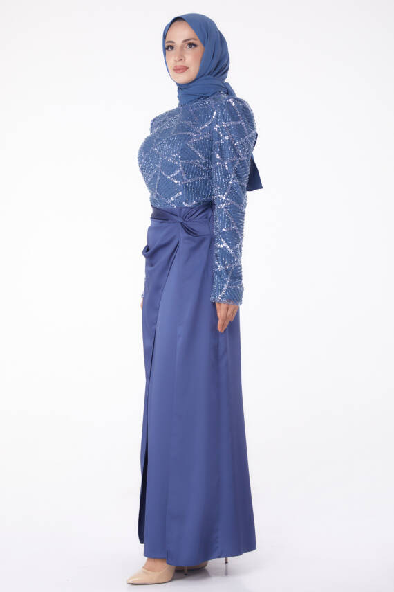 Taşlı Abiye Elbise Indigo - 26196 - 4