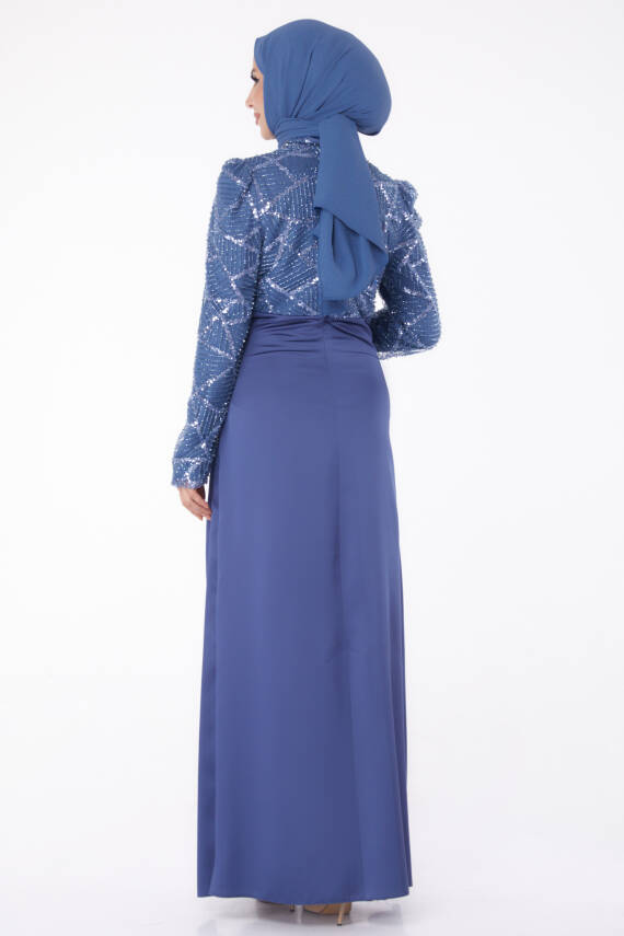 Taşlı Abiye Elbise Indigo - 26196 - 5