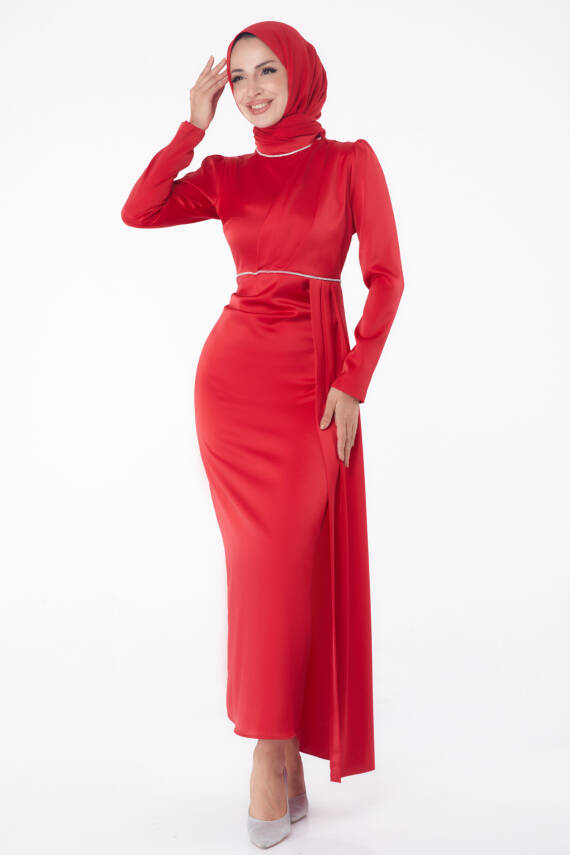 Taşlı Abiye Elbise Kirmizi - 26206 - 1