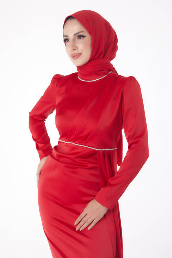 Taşlı Abiye Elbise Kirmizi - 26206 - 3