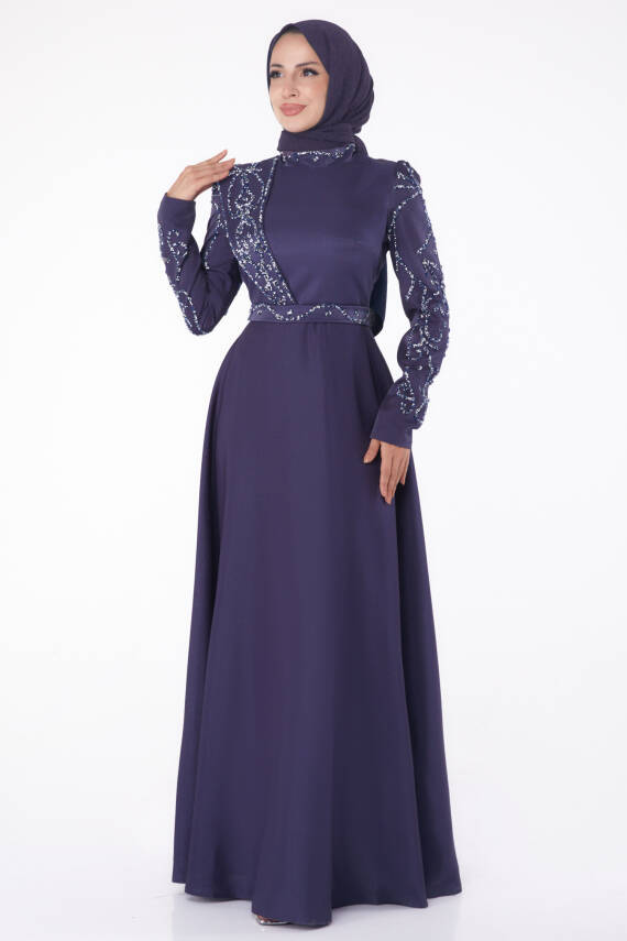Taşlı Abiye Elbise Lacivert - 26197 - 1