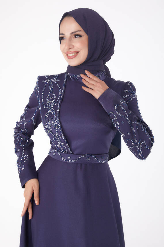 Taşlı Abiye Elbise Lacivert - 26197 - 3
