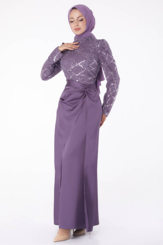Taşlı Abiye Elbise Mor - 26196 - 1