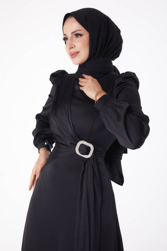 Taşlı Abiye Elbise Siyah - 26193 - 1