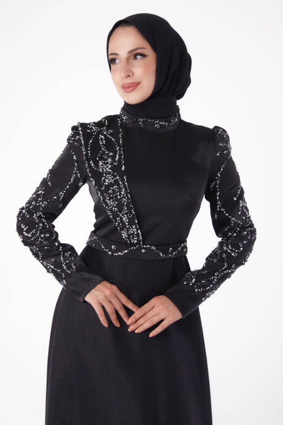 Taşlı Abiye Elbise Siyah - 26197 - 3