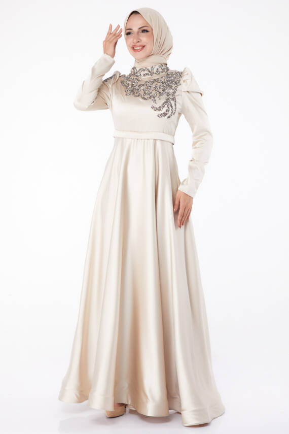 Taşlı Prenses abiye Bej - 26251 - 2
