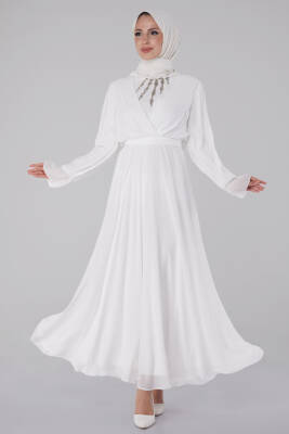 Taşlı Şifon Elbise Beyaz - 26256 