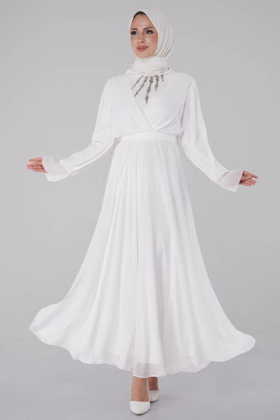 Taşlı Şifon Elbise Beyaz - 26256 - 1